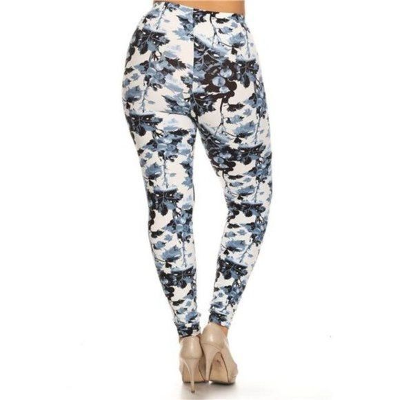 Blue Floral Pattern Print Leggings - Picture 3 of 4